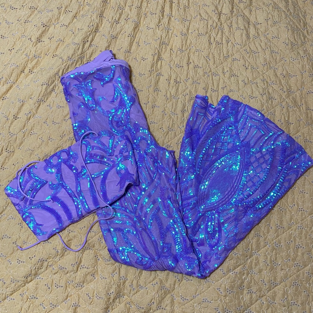 Sequined 2 piece set, bell bottom pants, halter top